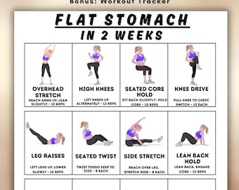 Flat Stomach in 2 Weeks, Belly Fat Loss Workout, Ab Exercises Printable, 14 Day Challenge, Home Core Workout Plan for Women