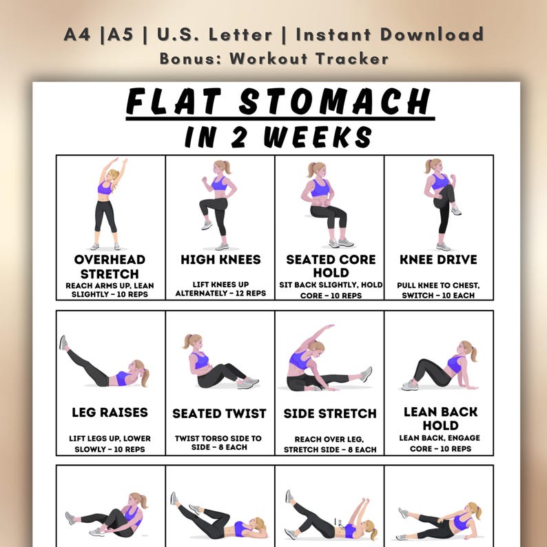 Flat Stomach in 2 Weeks, Belly Fat Loss Workout, Ab Exercises Printable ...