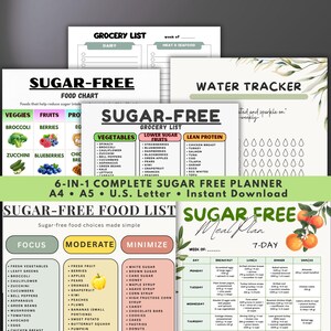 Peut inclure: Ensemble de tableaux et de planificateurs alimentaires sans sucre. Comprend une liste de courses, un tableau des aliments avec des légumes, des fruits et des protéines maigres, un suivi de l'eau et un plan de repas sur 7 jours. Disponible en A4, A5 et U.S. Letter.