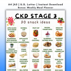 May include: A printable meal planner with the text "CKD STAGE 3" and "30 snack ideas." The planner features images and names of various snack options, including apple slices, oatmeal, fruit cups, and pretzels. The document is available in A4, A5, and U.S. Letter sizes.