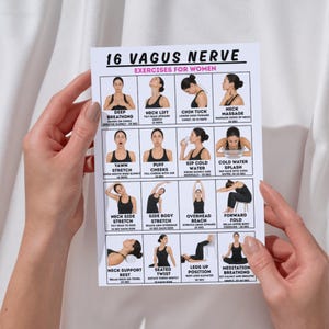 Op de afbeelding: Een witte poster met de titel "16 Vagus Nerve Exercises for Women" in handen. De poster bevat illustraties en instructies voor oefeningen, waaronder diep ademhalen, nek liften, kin intrekken, nekmassage, geeuwen en meer. De oefeningen zijn ontworpen om gedurende een bepaalde tijd te worden uitgevoerd.