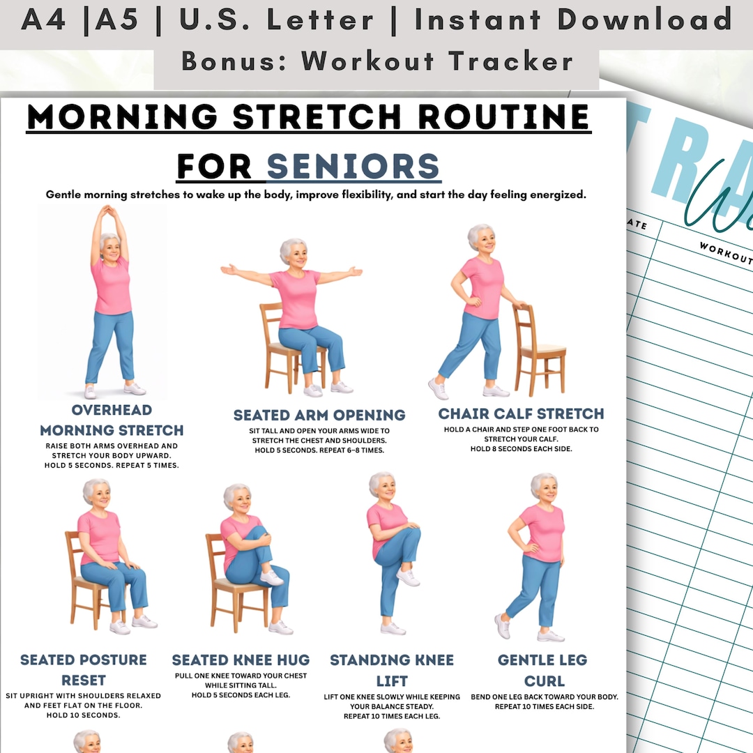 Daily Stretch Routine For Over 60 Morning Stretch Routine for Seniors, Gentle Daily Stretch Chart, Senior ...