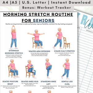 Può includere: Una guida di allenamento stampabile per anziani, con illustrazioni di dolci esercizi di stretching mattutino. La guida include esercizi come stretching sopra la testa, apertura delle braccia da seduti e stretching del polpaccio sulla sedia.