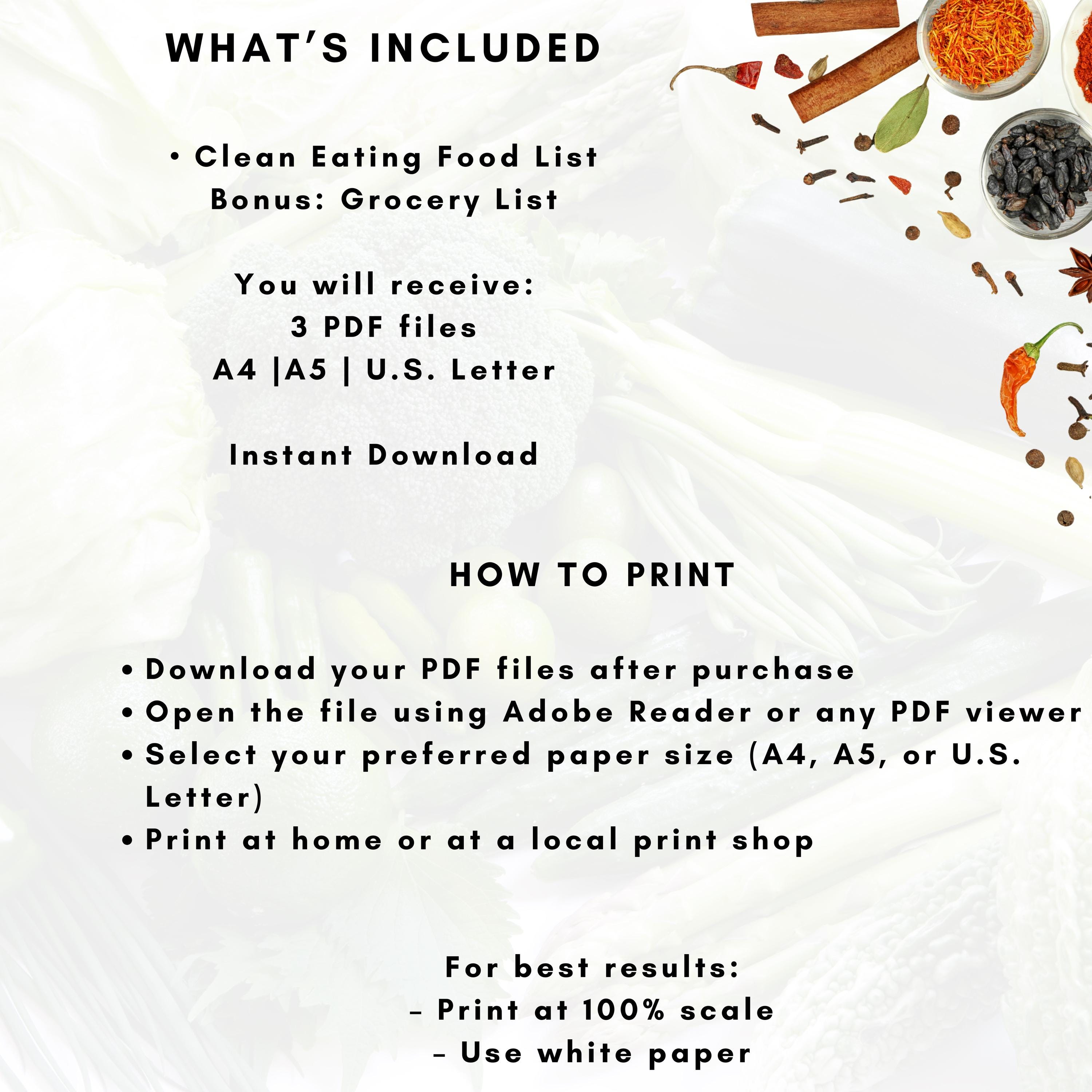 Clean Eating Food List Printable, Whole Food Diet Chart Eat Moderate ...