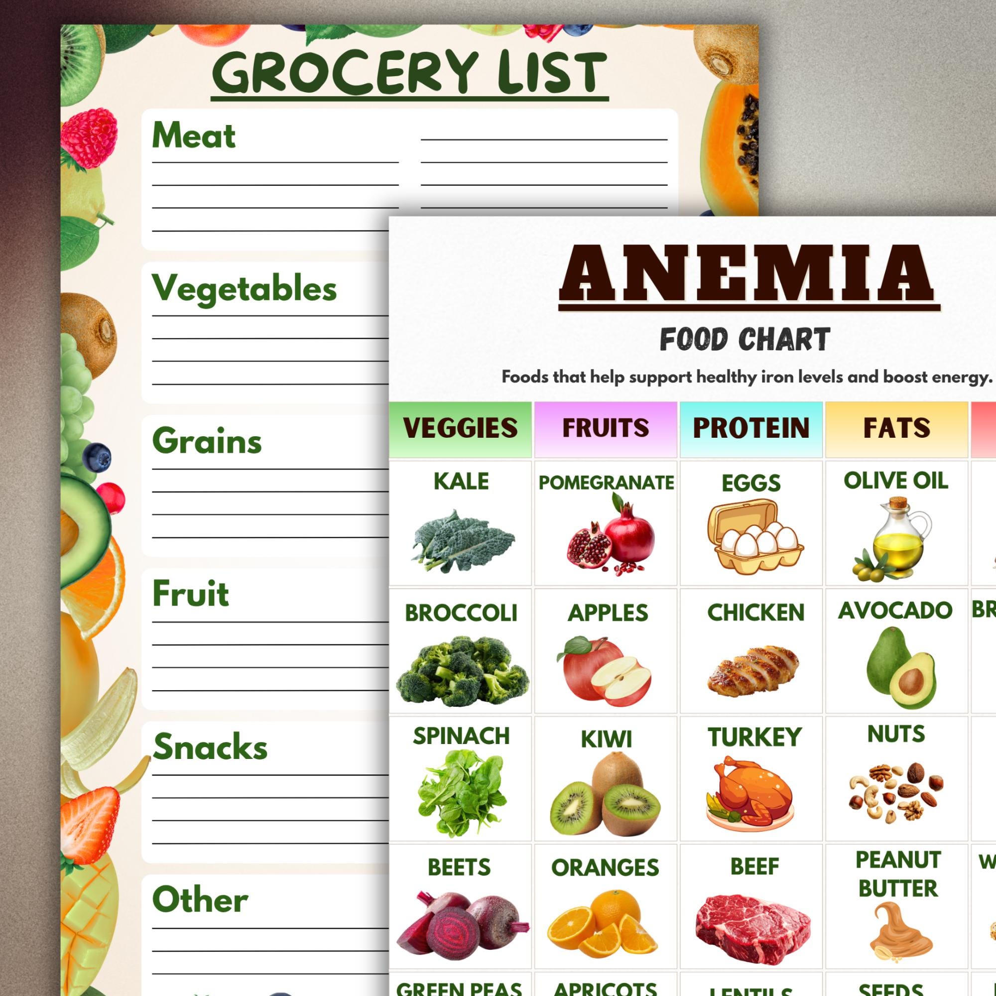Anemia Food Chart, Iron Rich Foods List, Printable Iron Diet Guide, Low ...
