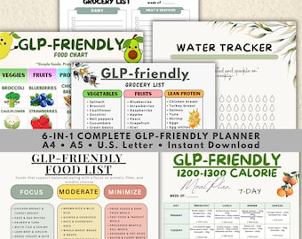 May include: A colourful, printable GLP-friendly food chart and planner. The chart includes sections for vegetables, fruits, and lean protein. The planner features a grocery list, water tracker, and a 7-day meal plan with 1200-1300 calorie options. The text includes "Instant Download".