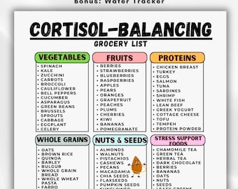 May include: A printable grocery list titled "Cortisol-Balancing" with categories for vegetables, fruits, proteins, whole grains, nuts & seeds, and stress support foods. Includes a bonus water tracker.