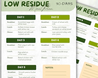 May include: A digital meal plan with a green and white design, featuring a 30-day low-residue diet. The plan is divided into daily sections with breakfast, lunch, and dinner meal suggestions. The text "A4 | U.S. Letter | Instant Download" is at the top.