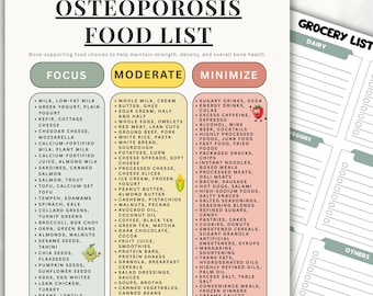 May include: A printable food list for osteoporosis, categorised as Focus, Moderate, and Minimise, with sections for dairy, veggies, and others. The list includes foods like milk, yogurt, cheese, salmon, and various vegetables, plus a bonus grocery list.