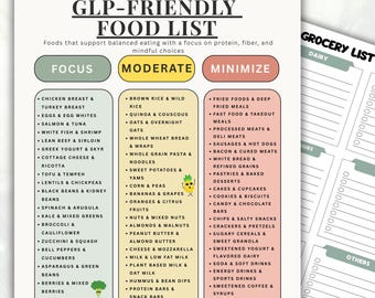 May include: A printable GLP-Friendly Food List categorised into Focus, Moderate, and Minimize sections. The list features foods such as chicken breast, brown rice, and fried foods. Available in A4, A5, and U.S. Letter sizes, with a bonus grocery list.