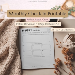 Maandelijkse check-in printbaar | Maandelijks reflectiewerkblad | Planner voor persoonlijke groei | A4, A5, US Letter