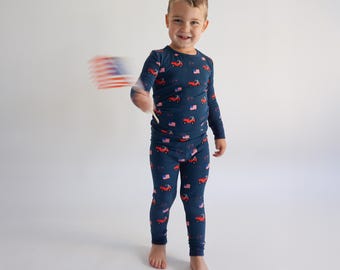 Pyjama 2 pièces Jeep rouge drapeau américain en bambou pour enfant, bambou doux et extensible