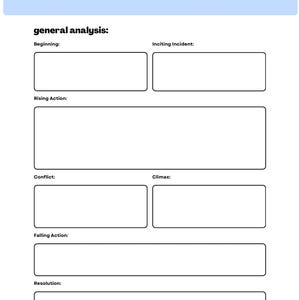May include: A white paper titled "plot analysis" with a light blue header. The document is divided into sections for general analysis, including Beginning, Inciting Incident, Rising Action, Conflict, Climax, Falling Action, and Resolution, each with a blank space for notes.