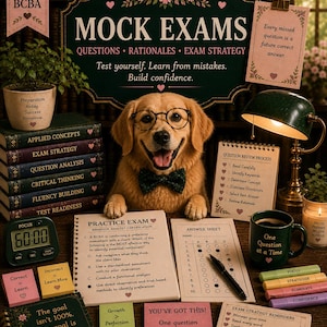 Peut inclure: Une image sur le thème des examens avec un Golden Retriever portant des lunettes et un nœud papillon, entouré de livres et de matériel d'examen. La scène comprend un minuteur et une tasse avec l'inscription "Une question à la fois". Le texte comprend "Mock Exams" et "Practice Exam".