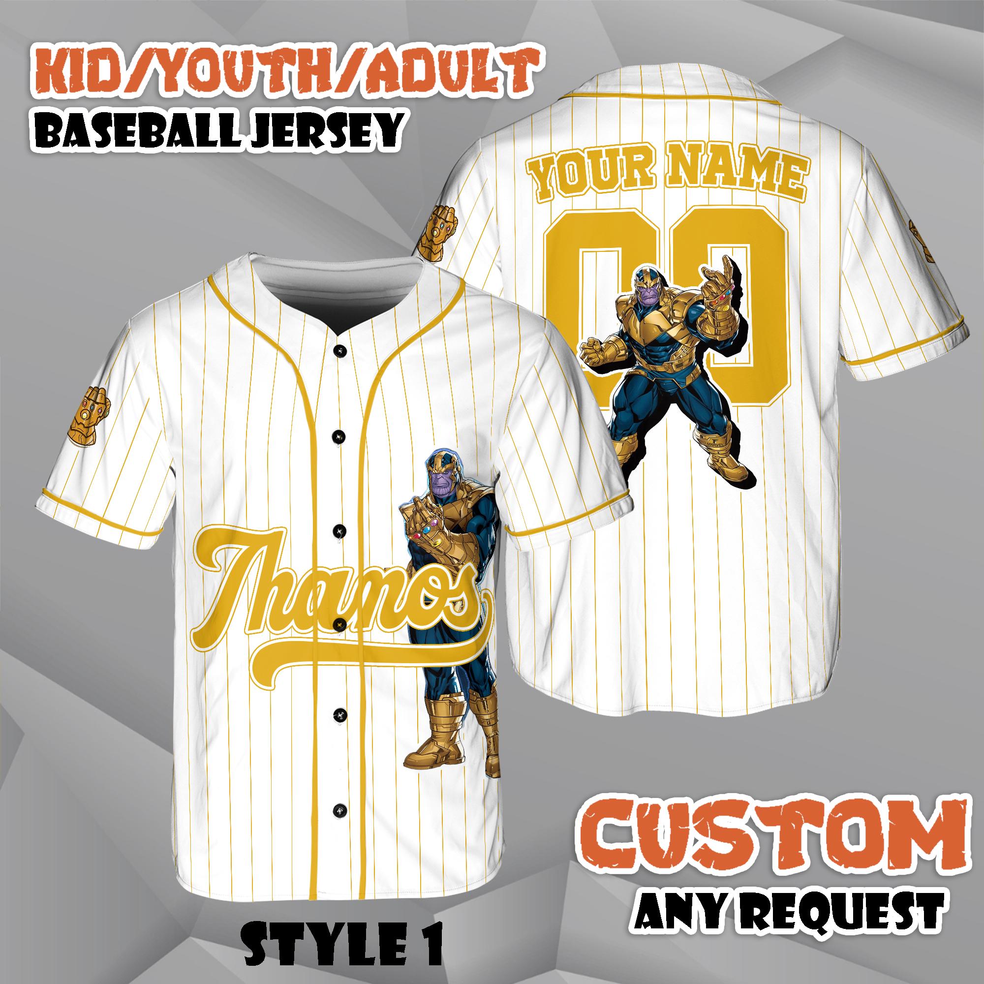Discover Personalized Thanos Baseball Jersey, Custom Kid Youth Adult Marvel Avengers Jersey, Hero Sport Shirt