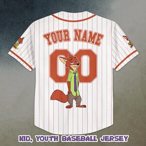May include: White baseball jersey with red pinstripes, featuring a cartoon fox character and the text "YOUR NAME" above a large "00". The jersey has red accents and the text "KID, YOUTH BASEBALL JERSEY" at the bottom.