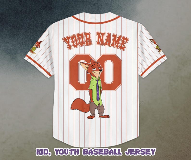 May include: White baseball jersey with red pinstripes, featuring a cartoon fox character and the text "YOUR NAME" above a large "00". The jersey has red accents and the text "KID, YOUTH BASEBALL JERSEY" at the bottom.
