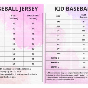 May include: Detailed size charts for adult and kid baseball jerseys. The adult chart includes sizes S to 6XL, with measurements in inches for length, bust, and shoulder. The kid's chart lists sizes from 6M to Youth L, also in inches.
