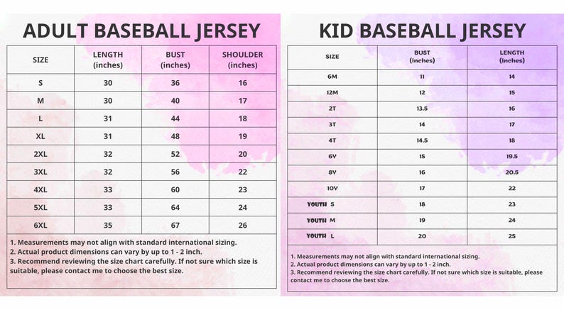 May include: Detailed size charts for adult and kid baseball jerseys. The adult chart includes sizes S to 6XL, with measurements in inches for length, bust, and shoulder. The kid's chart lists sizes from 6M to Youth L, also in inches.