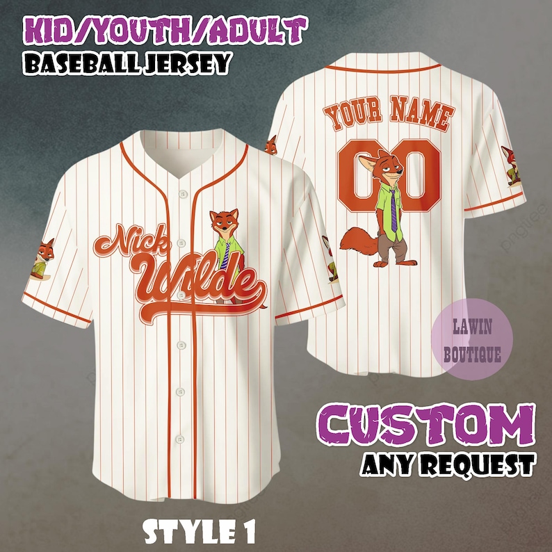 May include: Baseball jersey with a cream background and red pinstripes. The front features the text "Nick Wilde" and a cartoon fox. The back has the text "YOUR NAME" above the number "00" and a fox illustration. The jersey is labeled "KID/YOUTH/ADULT BASEBALL JERSEY".