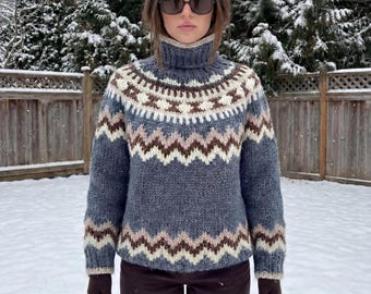 Fair Isle coltrui | Nordic blauwe geometrisch gebreide trui
