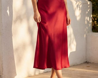 Satijnen midirok | Geklede A-lijn polyester kantoorrok met hoge taille