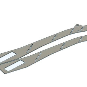 May include: Two gray, curved metal pieces with rectangular cutouts and slotted openings. The pieces are designed with a series of angled slots and are likely components of a larger structure or mechanism.