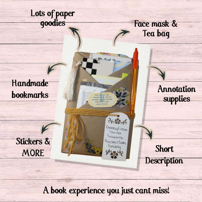 Blind Date with a Book | Blind Dates with Books Collection | Mystery Book Gift | Book Lover Gift | Bookish Gift | Reader Gift | Book Gift Box | Curated Reading Experience featuring a beautifully wrapped mystery book in brown kraft paper tied with twine, with bookmarks, bookish stickers, reading accessories, paper treasures, stationery, journaling supplies, annotation tabs, and thoughtful gifts for readers, book clubs, birthdays, holidays, Christmas, and self-care.