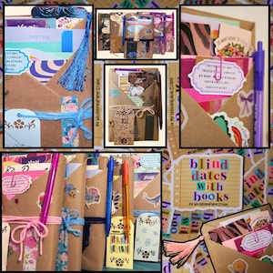 Blind Date with a Book | Blind Dates with Books Collection | Mystery Book Gift | Book Lover Gift | Bookish Gift | Reader Gift | Book Gift Box | Curated Reading Experience featuring a beautifully wrapped mystery book in brown kraft paper tied with twine, with bookmarks, bookish stickers, reading accessories, paper treasures, stationery, journaling supplies, annotation tabs, and thoughtful gifts for readers, book clubs, birthdays, holidays, Christmas, and self-care.