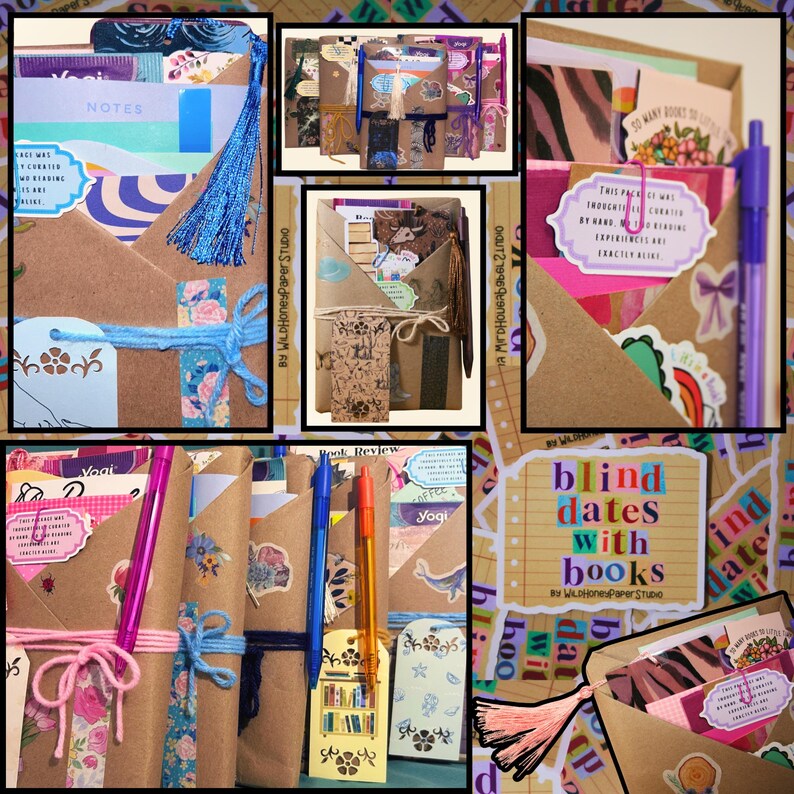 Blind Date with a Book | Blind Dates with Books Collection | Mystery Book Gift | Book Lover Gift | Bookish Gift | Reader Gift | Book Gift Box | Curated Reading Experience featuring a beautifully wrapped mystery book in brown kraft paper tied with twine, with bookmarks, bookish stickers, reading accessories, paper treasures, stationery, journaling supplies, annotation tabs, and thoughtful gifts for readers, book clubs, birthdays, holidays, Christmas, and self-care.