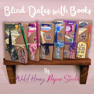 Blind Date with a Book | Blind Dates with Books Collection | Mystery Book Gift | Book Lover Gift | Bookish Gift | Reader Gift | Book Gift Box | Curated Reading Experience featuring a beautifully wrapped mystery book in brown kraft paper tied with twine, with bookmarks, bookish stickers, reading accessories, paper treasures, stationery, journaling supplies, annotation tabs, and thoughtful gifts for readers, book clubs, birthdays, holidays, Christmas, and self-care.