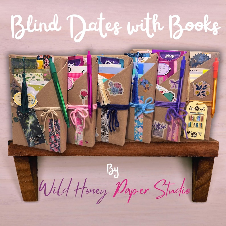 Blind Date with a Book | Blind Dates with Books Collection | Mystery Book Gift | Book Lover Gift | Bookish Gift | Reader Gift | Book Gift Box | Curated Reading Experience featuring a beautifully wrapped mystery book in brown kraft paper tied with twine, with bookmarks, bookish stickers, reading accessories, paper treasures, stationery, journaling supplies, annotation tabs, and thoughtful gifts for readers, book clubs, birthdays, holidays, Christmas, and self-care.