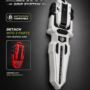 May include: A white Zenith Grip System launcher with black accents and text reading "Per Vesperam, Sinsis hoftur adrast". The device features a modular design that detaches into two parts, including a red Vespera Grip component shown separately.