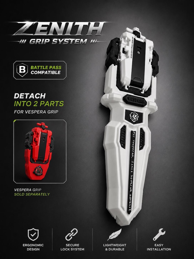 May include: A white Zenith Grip System launcher with black accents and text reading "Per Vesperam, Sinsis hoftur adrast". The device features a modular design that detaches into two parts, including a red Vespera Grip component shown separately.