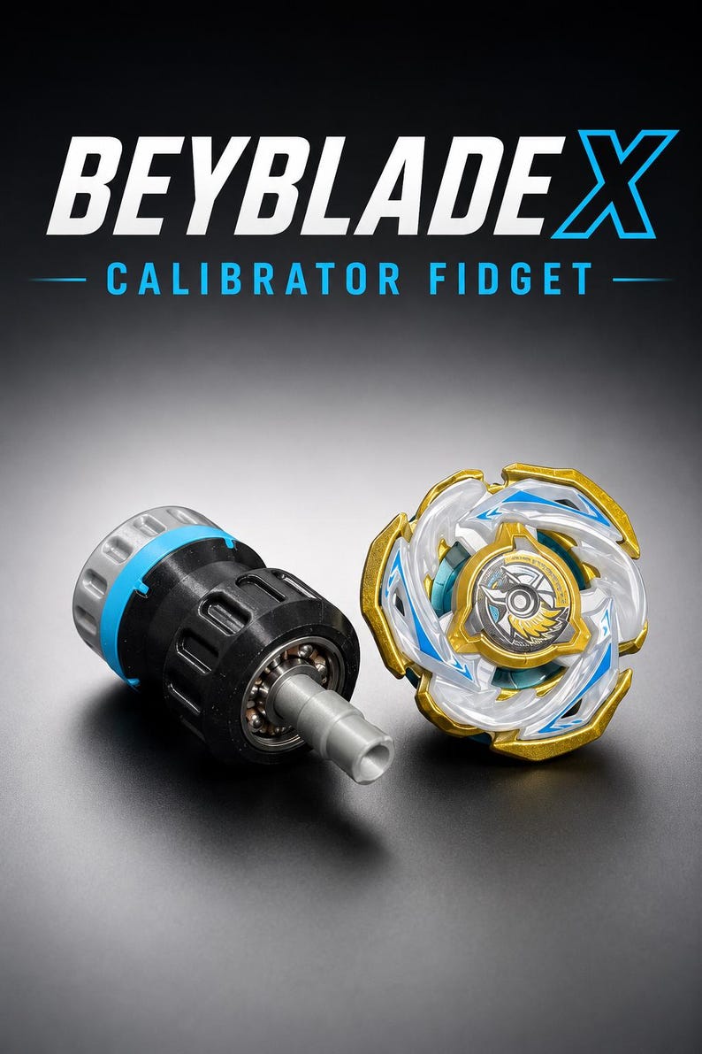 May include: A Beyblade X Calibrator Fidget toy set featuring a black and blue mechanical calibrator tool with a silver tip and a circular spinning top with white, gold, and blue accents. The text BEYBLADE X CALIBRATOR FIDGET is displayed above.