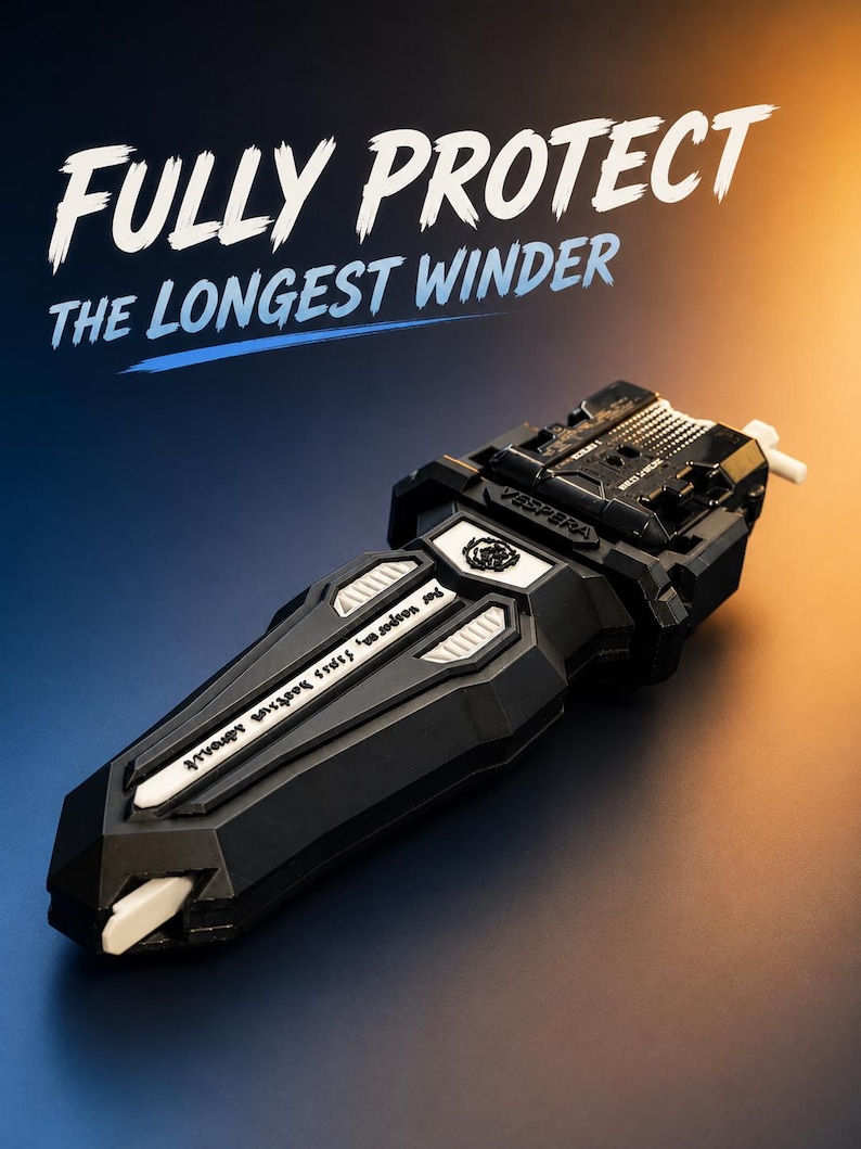 Puede incluir: Un enrollador de juguete en blanco y negro con el texto "FULLY PROTECT THE LONGEST WINDER". El enrollador tiene un dise&ntilde;o geom&eacute;trico con detalles en blanco y la palabra "VESPERA" impresa. El fondo es un degradado de azul y naranja.