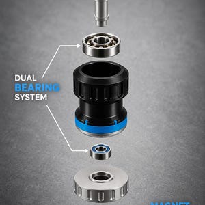 May include: An exploded view of a mechanical component featuring a silver metal shaft, two steel ball bearings, a black cylindrical housing with a blue ring, a silver grooved circular base, and a flat circular magnet base labeled Magnet Base.