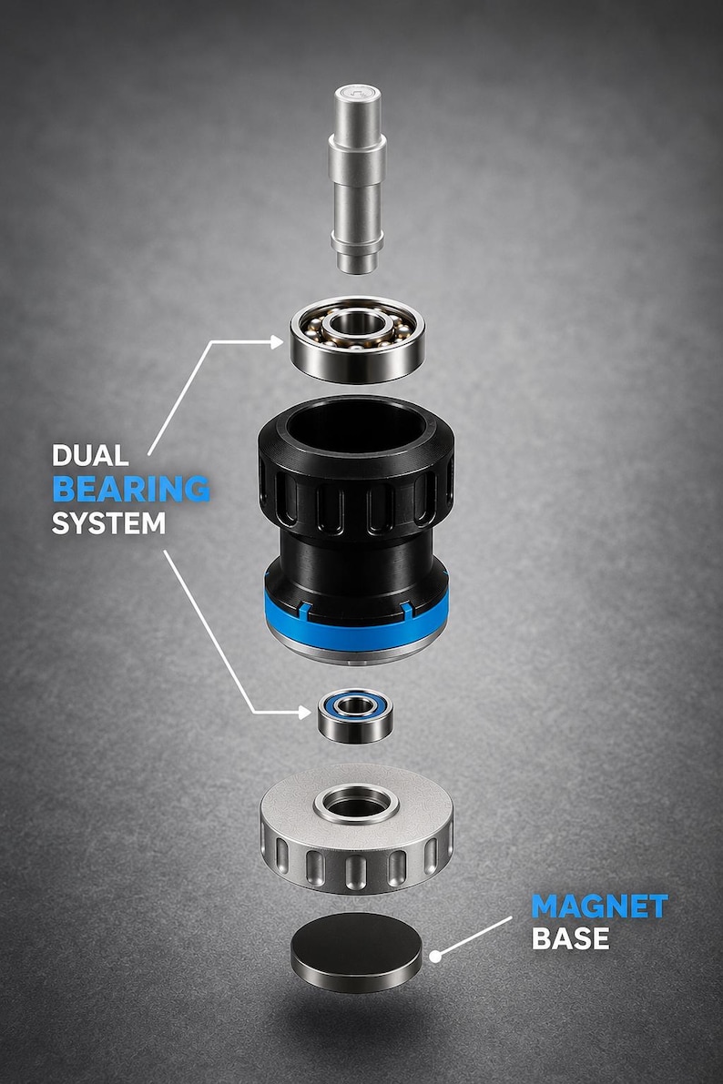 May include: An exploded view of a mechanical component featuring a silver metal shaft, two steel ball bearings, a black cylindrical housing with a blue ring, a silver grooved circular base, and a flat circular magnet base labeled Magnet Base.