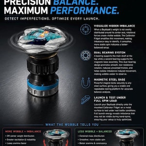 May include: A Beyblade X Calibrator Fidget tool featuring a metallic spinning top mounted on a black cylindrical base with a blue ring and a magnetic steel bottom. The device is designed to detect imbalance through visible wobble during rotation.