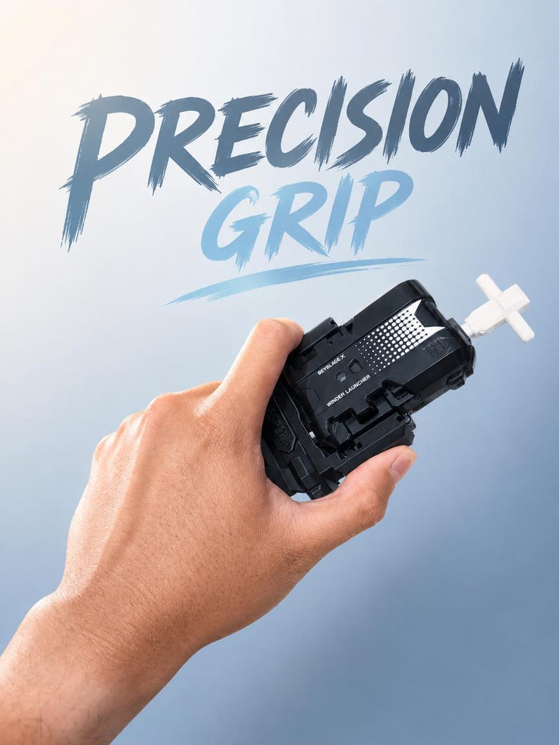 Puede incluir: Un lanzador de juguetes en blanco y negro con un mango blanco se sostiene en una mano. El texto "PRECISION GRIP" est&aacute; escrito en azul encima del juguete. El lanzador tiene un dise&ntilde;o detallado y est&aacute; sobre un fondo azul degradado.