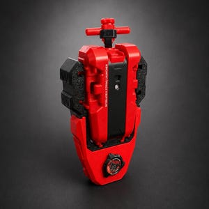 May include: A red and black Beyblade X string launcher featuring a vertical handle at the top and a circular emblem at the bottom. The central black panel is printed with the text BEYBLADE X STRING LAUNCHER in white capital letters.