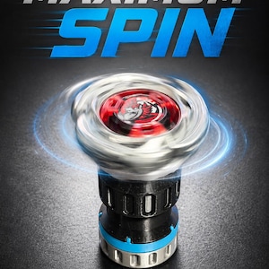 May include: A spinning top toy with a metallic silver outer ring and a red center featuring a graphic of a creature. The base is black with a blue accent ring and a silver bottom. The text MAXIMUM SPIN is displayed in white and blue above the toy.