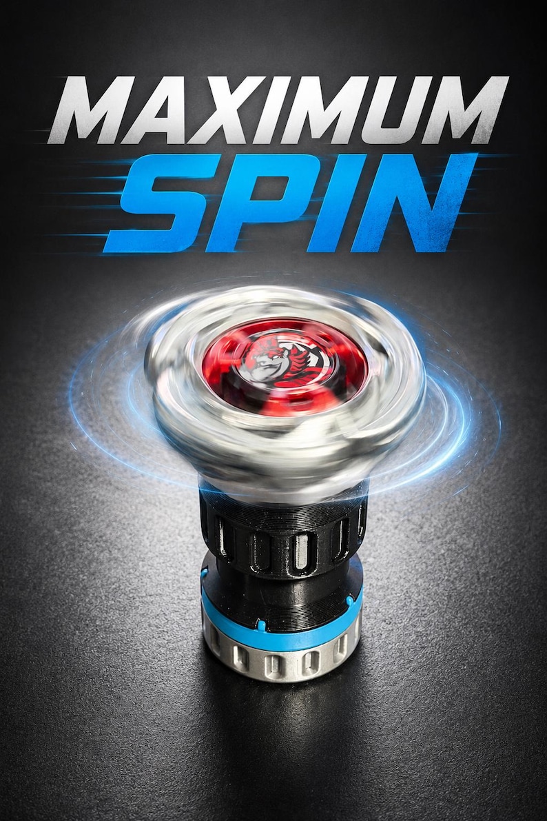 May include: A spinning top toy with a metallic silver outer ring and a red center featuring a graphic of a creature. The base is black with a blue accent ring and a silver bottom. The text MAXIMUM SPIN is displayed in white and blue above the toy.