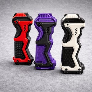 Puede incluir: Tres empu&ntilde;aduras futuristas en rojo, morado y blanco. Cada empu&ntilde;adura tiene un mango texturizado y un dise&ntilde;o geom&eacute;trico con detalles en negro. Las empu&ntilde;aduras est&aacute;n dise&ntilde;adas para un dispositivo y se muestran sobre una superficie gris.