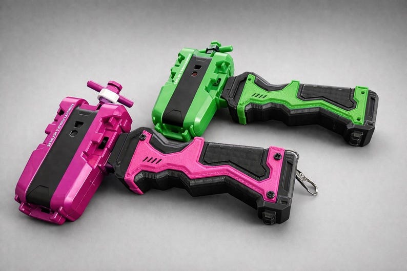 Puede incluir: Tres lanzadores de juguetes coloridos en rosa y verde con detalles en negro. Los lanzadores tienen un mango y un mecanismo de disparo. Los juguetes est&aacute;n dise&ntilde;ados para lanzar otros juguetes. El fondo es gris liso.