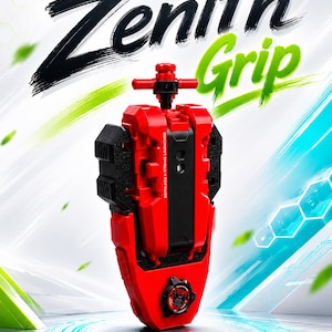 Puede incluir: Un accesorio lanzador Zenith Grip de plástico rojo y negro para un juguete de peonza. El dispositivo cuenta con un mango vertical, un mecanismo de gatillo montado en la parte superior y un emblema circular en la base. El texto Zenith Grip aparece arriba.