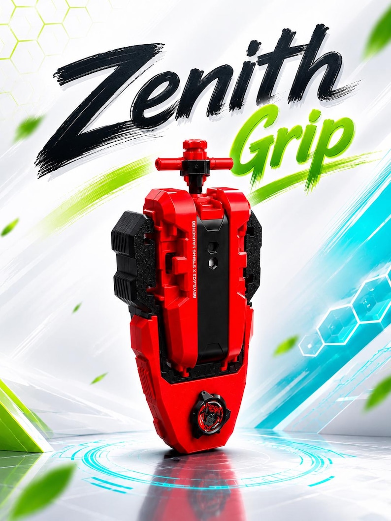 May include: A red and black plastic Zenith Grip launcher accessory for a spinning top toy. The device features a vertical handle, a top-mounted trigger mechanism, and a circular emblem at the base. The text Zenith Grip is displayed above.