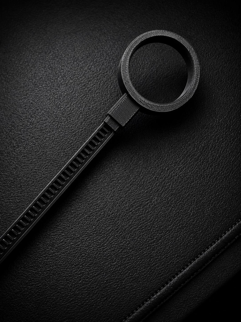May include: A black, circular tool with a handle, resembling a magnifying glass or a specialized fastener. The handle has a ridged design, and the circular end is smooth. The object is set against a textured, dark background.