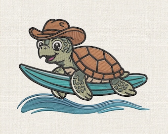 Cute Cowboy Turtle Surfer Embroidery Design, Western Ocean Machine Embroidery File, Surf Turtle Stitch Pattern - DST VP3