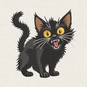 May include: An embroidered design of a black cat with spiky fur, large yellow eyes, and an open mouth showing sharp teeth and a pink tongue. The cat has long white whiskers and brown inner ears, rendered in a detailed stitch pattern on fabric.